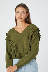 Forever 21 Knit Women's Ruffle Cropped Sweater Olive