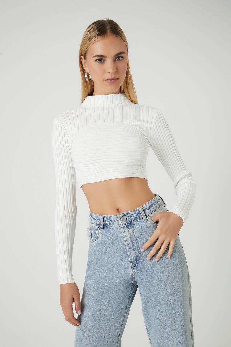 Forever 21 Women's Sweater-Knit Mock Neck Crop Top White