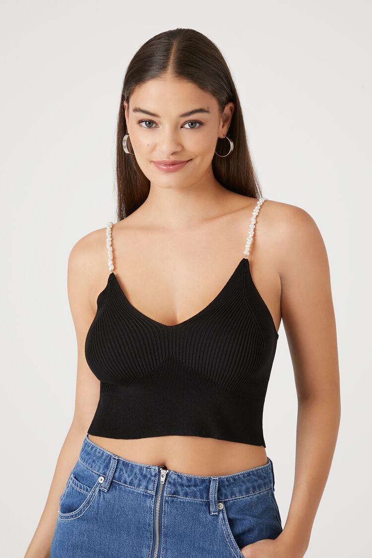 Forever 21 Women's Sweater-Knit Faux Pearl Cami Black/Multi