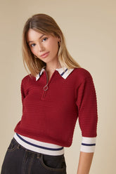 Forever 21 Knit Women's Uniform Striped Half-Zip Sweater Burgundy/Multi