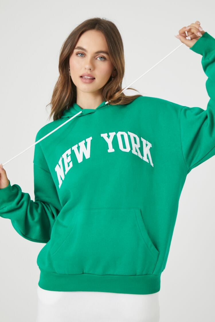Forever 21 Women's New York Graphic Hoodie Sweatshirt Bright Green/Multi