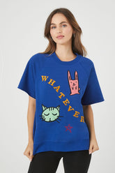 Forever 21 Women's Whatever Cat Bunny Graphic T-Shirt Royal Blue /Multi