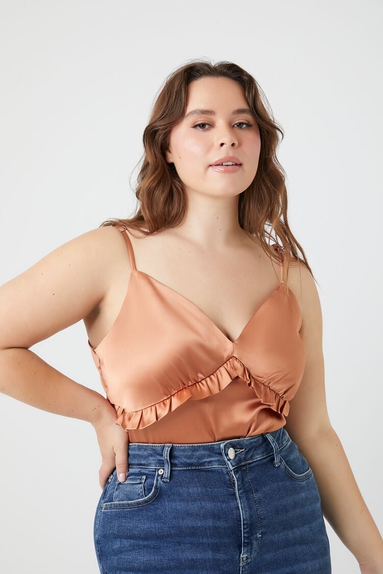 Forever 21 Plus Women's Satin Ruffle-Trim Bodysuit Toasted Almond