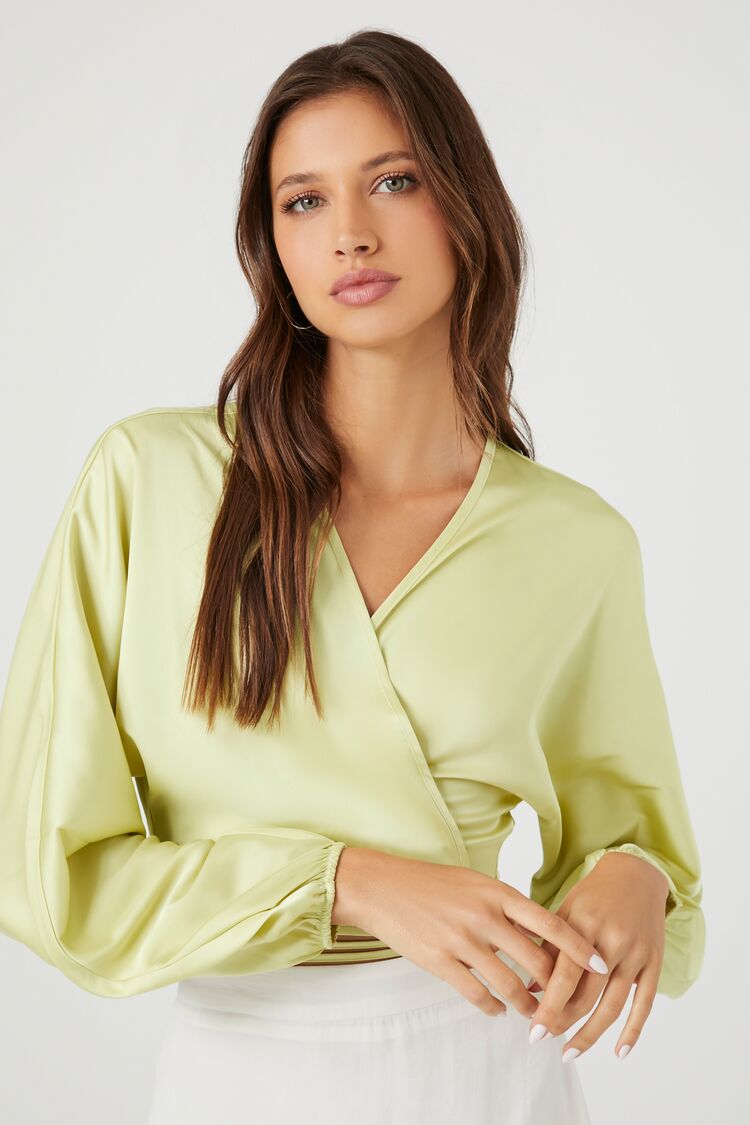 Forever 21 Women's Satin Surplice Crop Top Pistachio