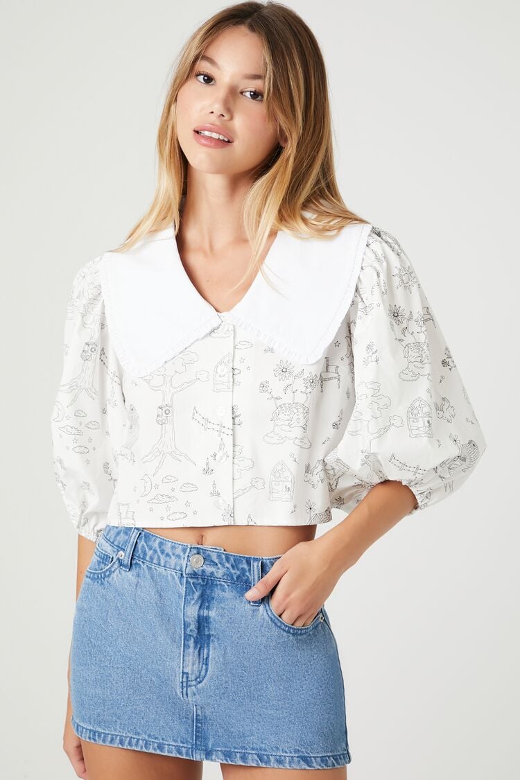 Forever 21 Women's Doodle Print Wide Collar Shirt White/Black