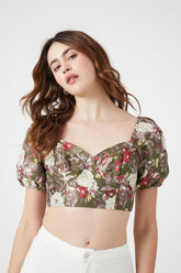 Forever 21 Women's Floral Puff-Sleeve Crop Top Green/Multi