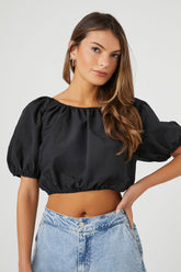 Forever 21 Women's Puff-Sleeve Lace-Back Crop Top Black