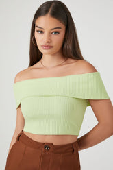 Forever 21 Women's Ribbed Off-the-Shoulder Crop Top Pistachio