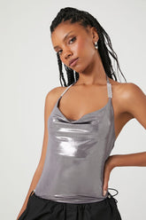 Forever 21 Women's Rhinestone Metallic Halter Bodysuit Silver