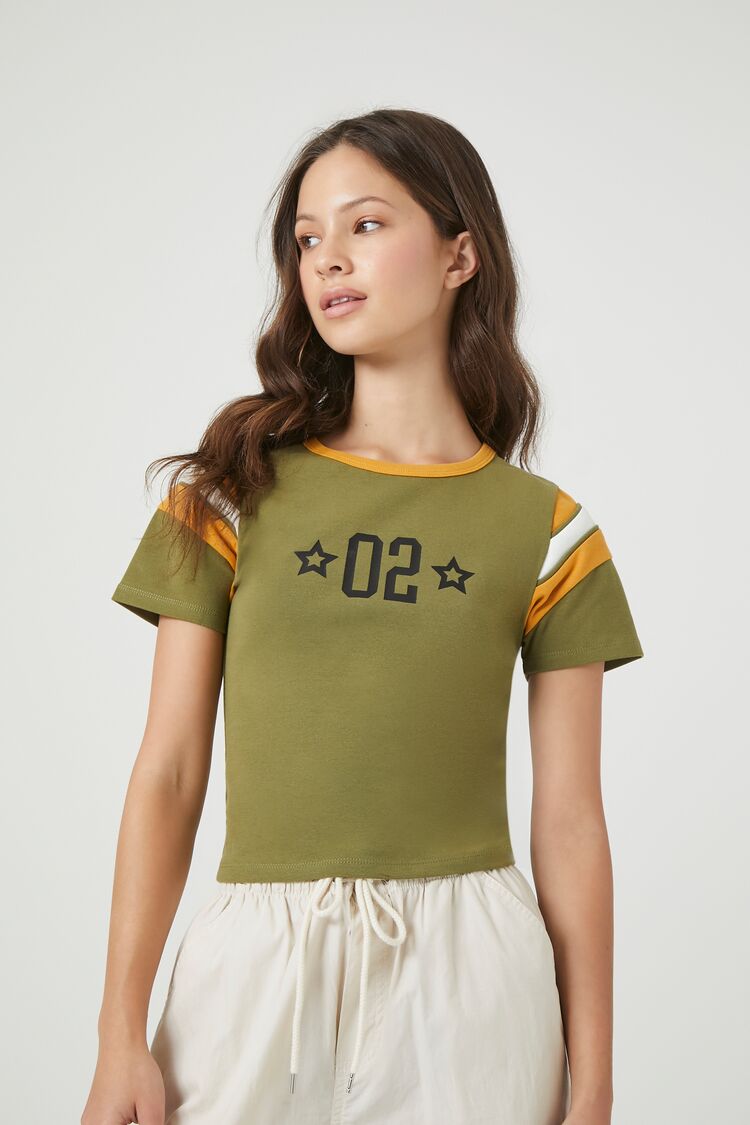 Forever 21 Women's 02 Graphic Ringer Baby T-Shirt Olive/Multi