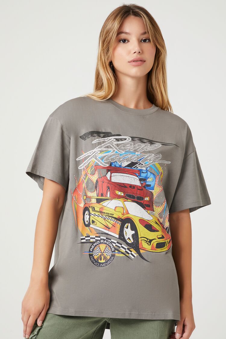 Forever 21 Women's Reno Racing Oversized Graphic T-Shirt Charcoal/Multi