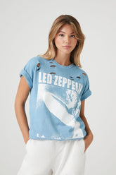 Forever 21 Women's Led Zeppelin Graphic Distressed T-Shirt Blue/Multi