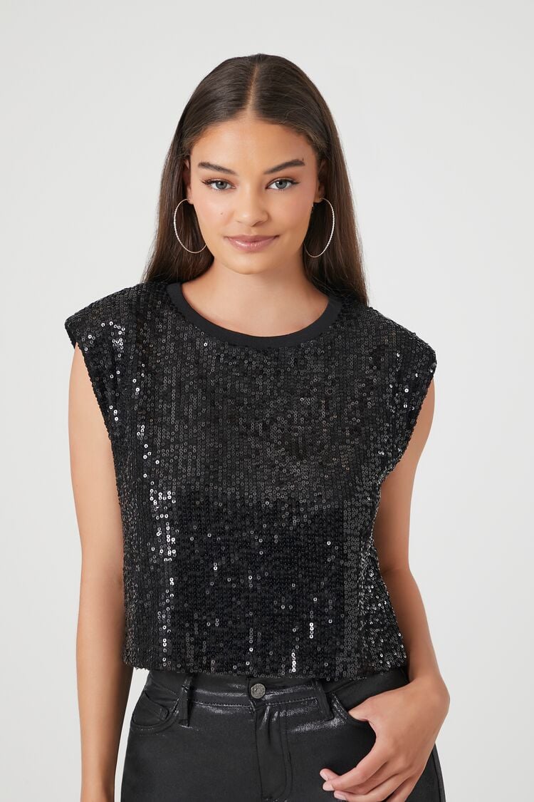 Forever 21 Women's Sequin Cropped Muscle T-Shirt Black