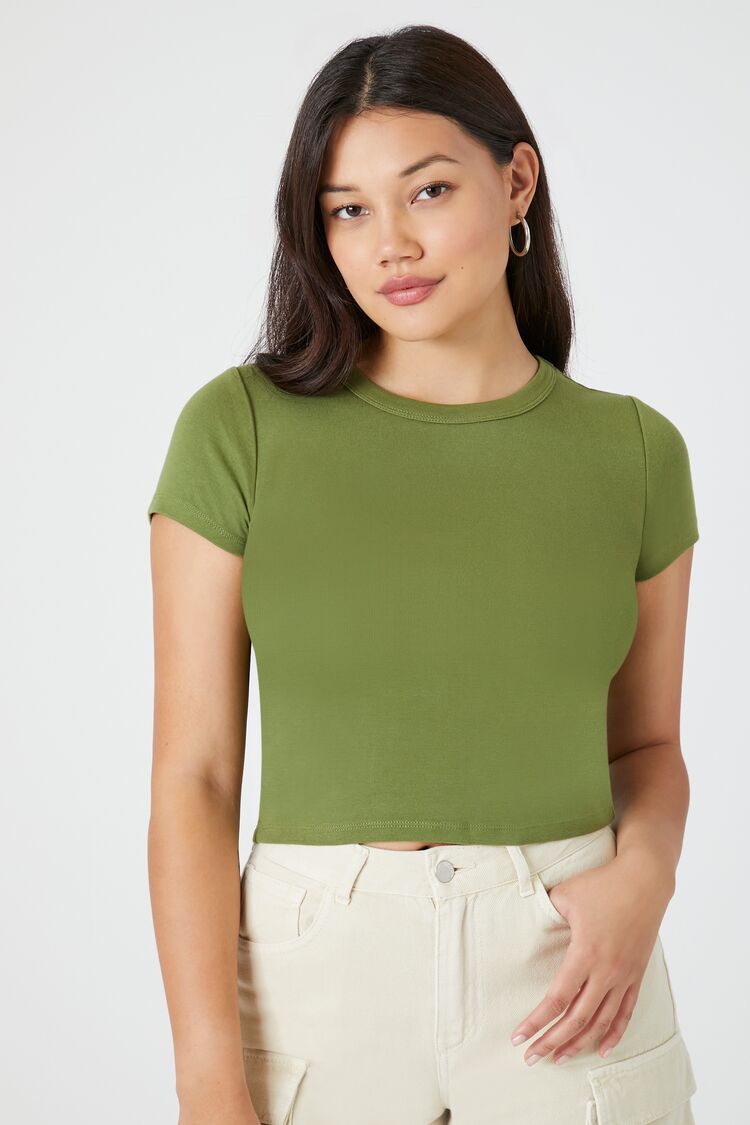 Forever 21 Women's Crew Neck Cropped T-Shirt Olive