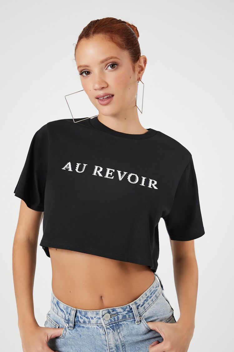 Forever 21 Women's Au Revoir Graphic Cropped T-Shirt Black/Multi