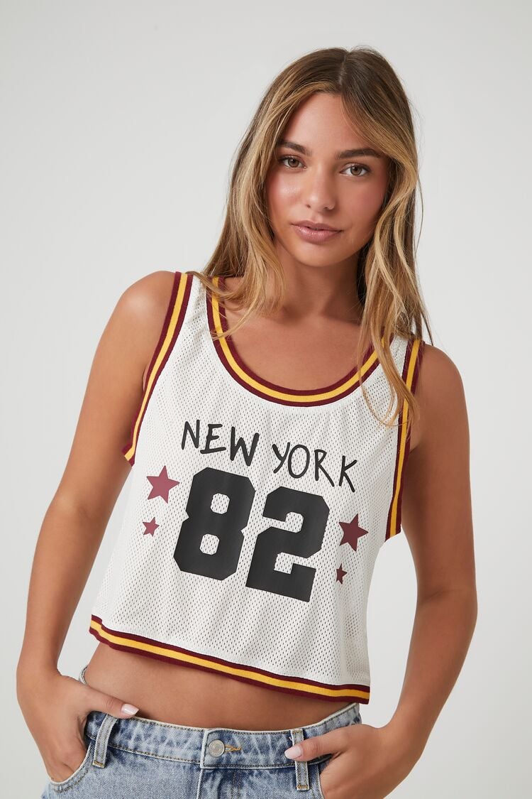 Forever 21 Women's New York Graphic Jersey Crop Top Cream/Multi