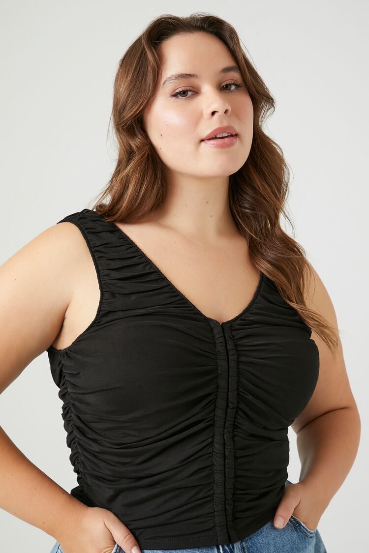 Forever 21 Plus Women's Ruched Mesh Tank Top Black