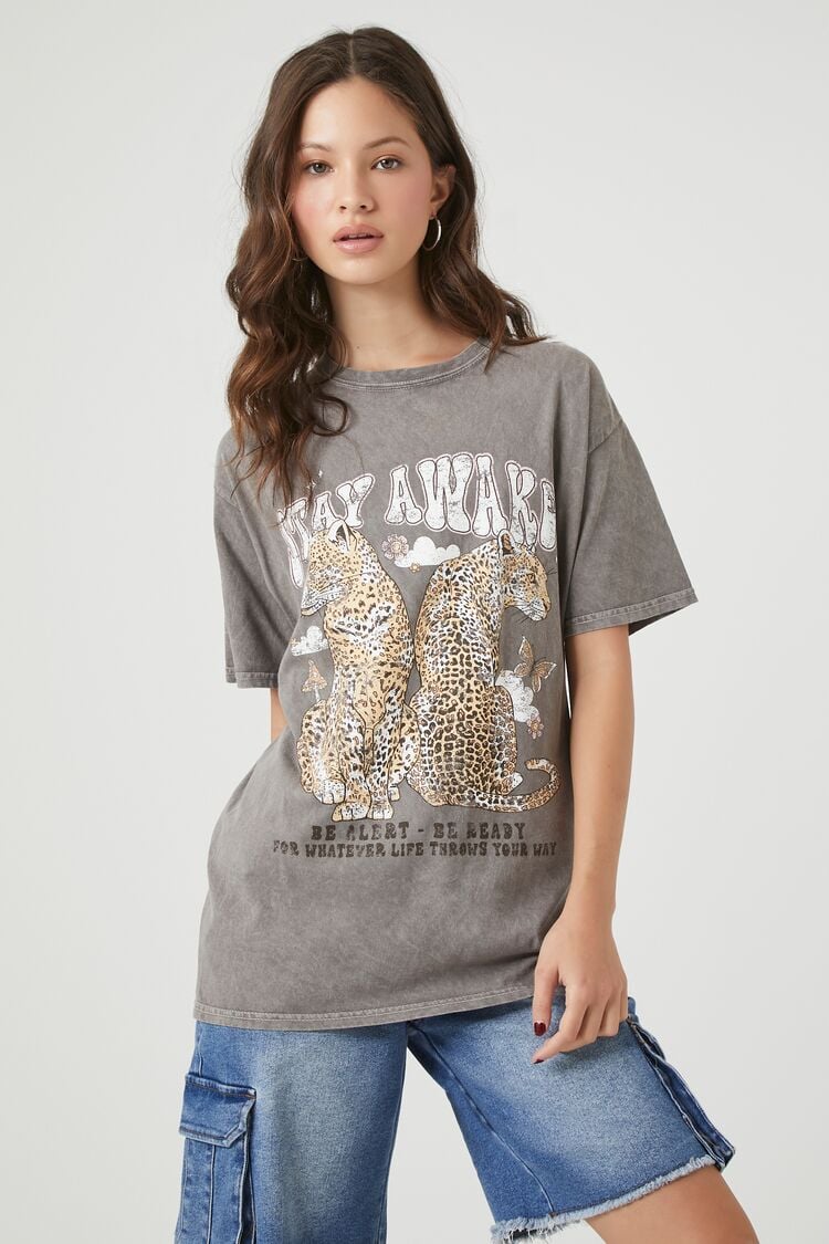 Forever 21 Women's Stay Awake Graphic T-Shirt Taupe/Multi