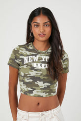 Forever 21 Women's Camo Print New York Graphic T-Shirt Green/Multi