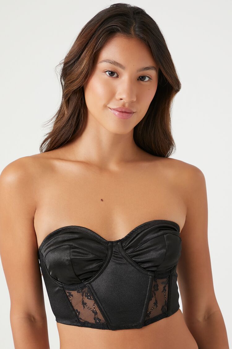 Forever 21 Women's Satin Strapless Mesh Corset Bra Black