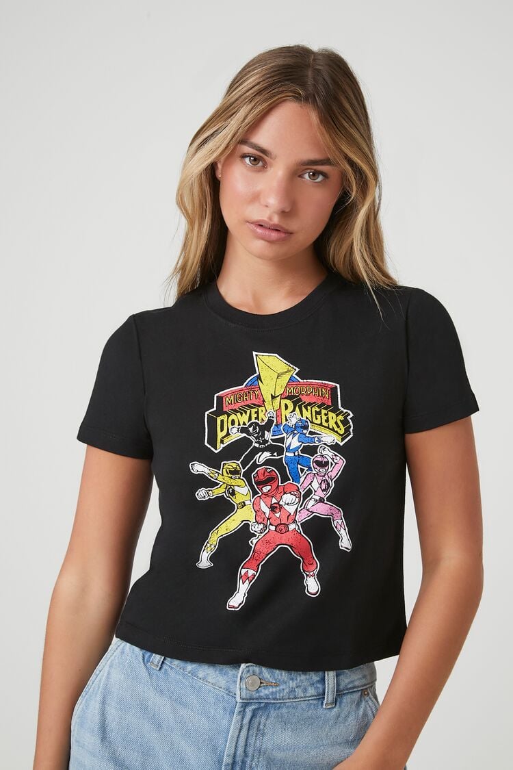 Forever 21 Women's Power Rangers Graphic Baby T-Shirt Black/Multi