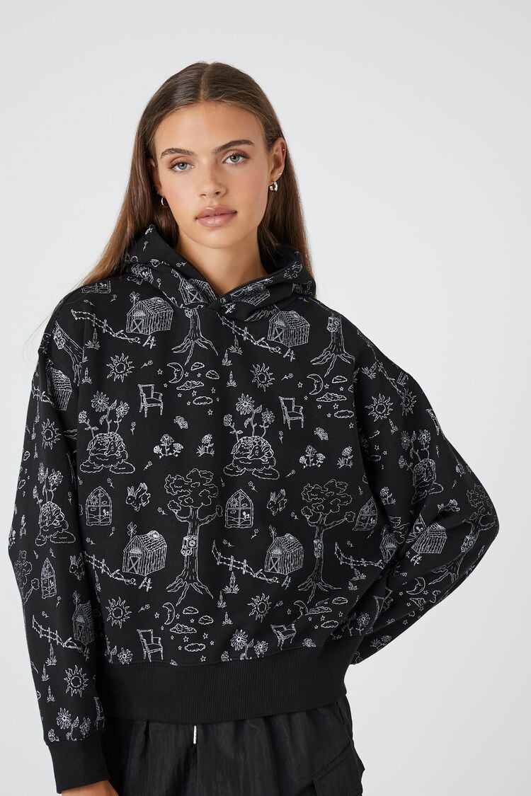 Forever 21 Women's Doodle Graphic Hoodie Sweatshirt Black/Multi