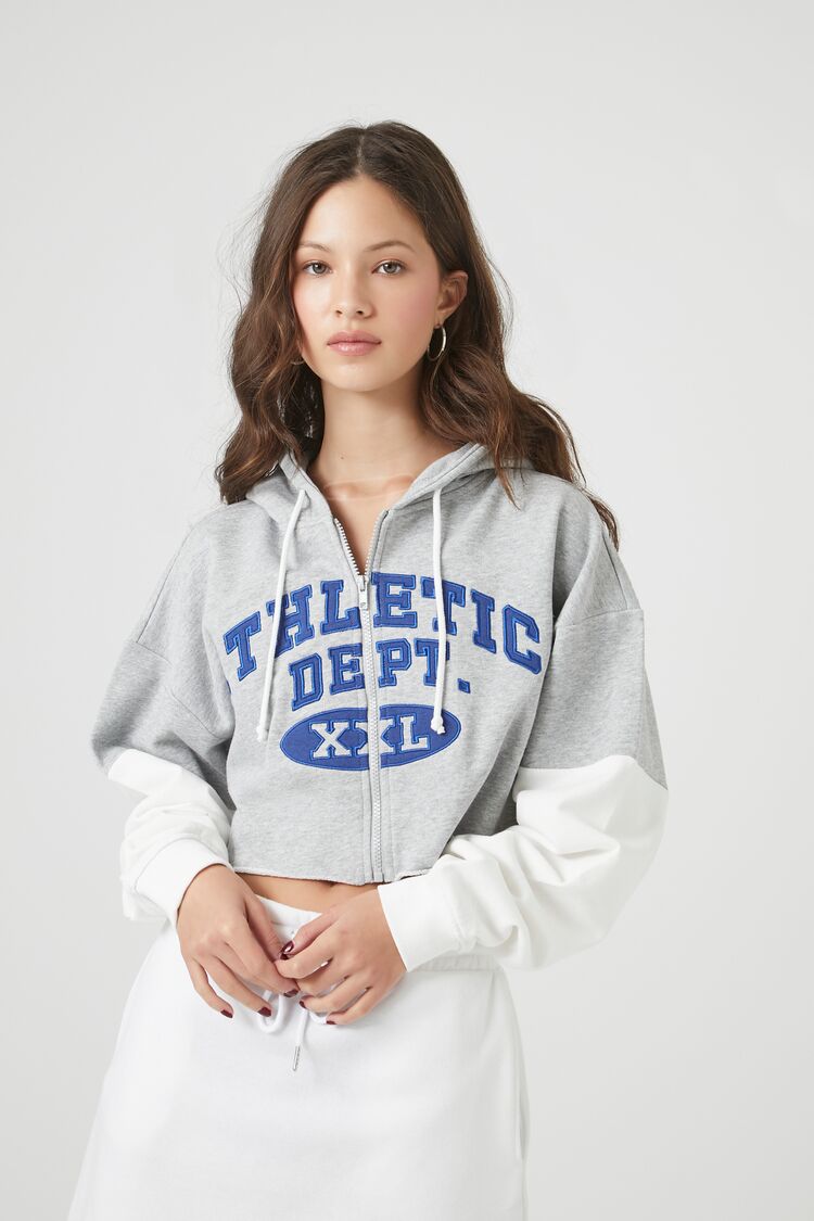 Forever 21 Women's Athletic Dept Graphic Zip-Up Hoodie Sweatshirt Heather Grey/Multi