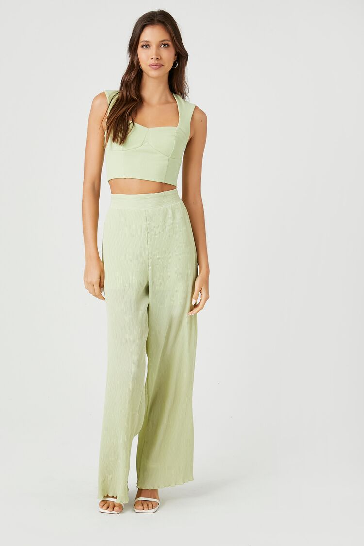 Forever 21 Women's Lettuce-Edge Wide-Leg Pants Pistachio