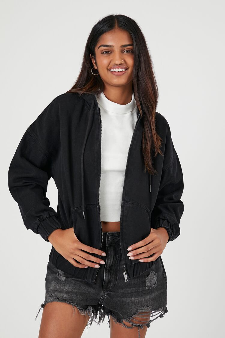 Forever 21 Women's Denim Hooded Jacket Washed Black