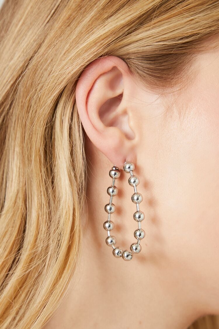Forever 21 Women's Metal Bead Teardrop Hoop Earrings Silver