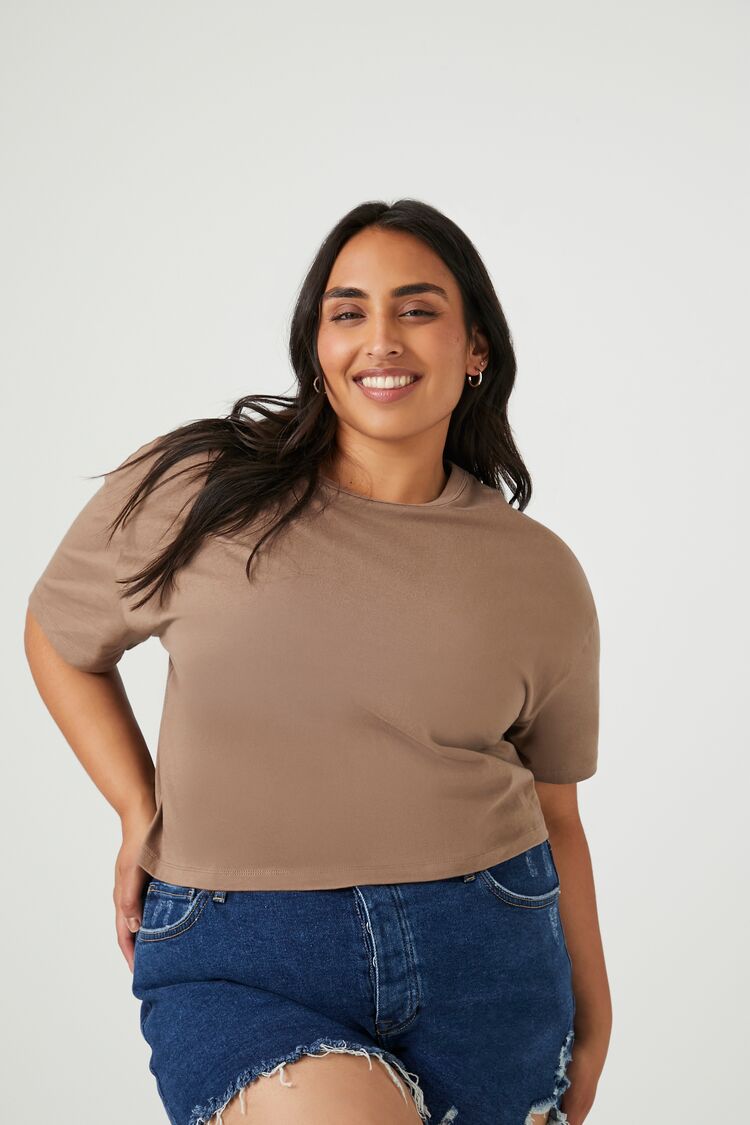 Forever 21 Plus Women's Cropped Rib-Knit T-Shirt Ash Brown