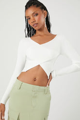 Forever 21 Women's Sweater-Knit Crossover Crop Top White