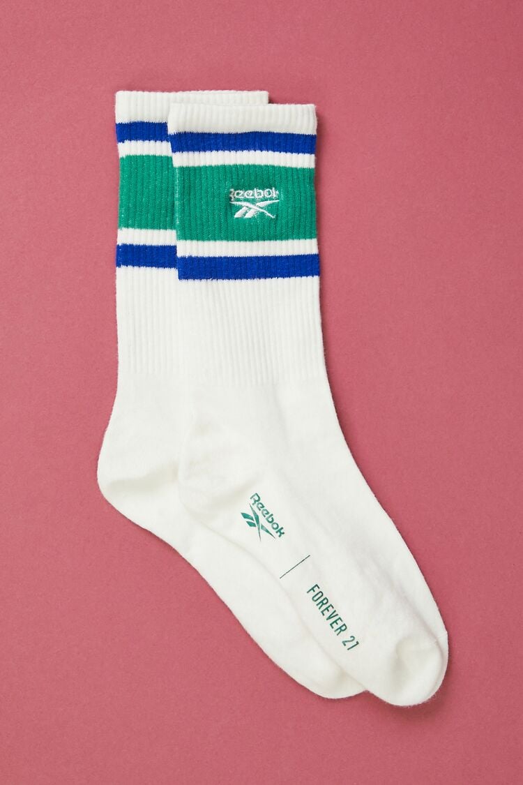 Forever 21 Women's Reebok Varsity-Striped Crew Socks White/Green