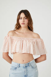 Forever 21 Women's Off-the-Shoulder Polka Dot Crop Top Nude Pink