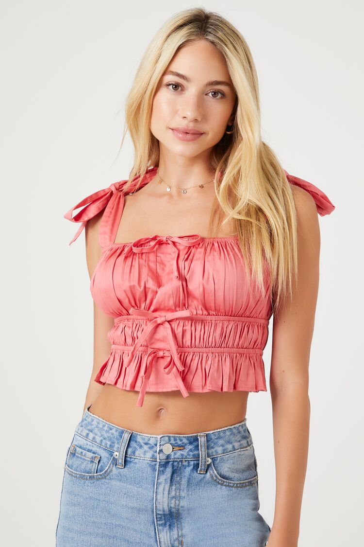 Forever 21 Women's Tie-Strap Bow Crop Top Coral Pink