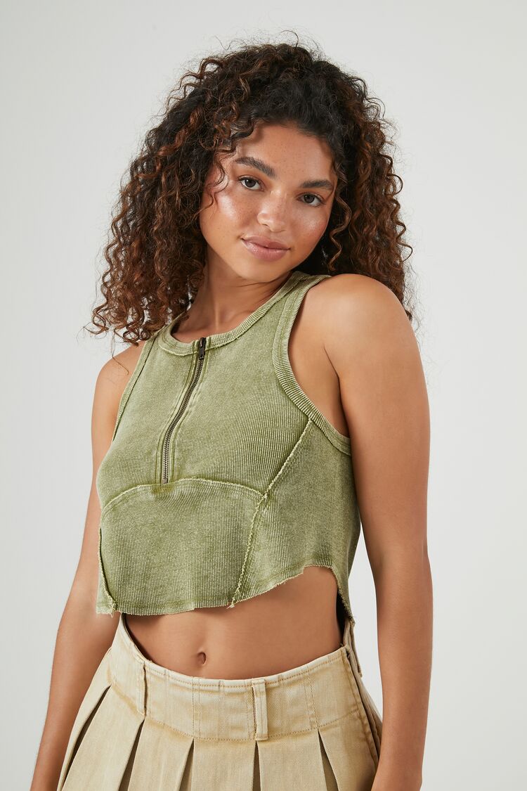 Forever 21 Women's Mineral Wash Half-Zip Crop Top Olive