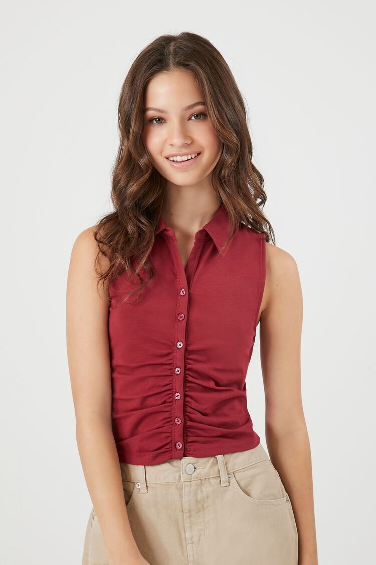 Forever 21 Women's Ruched Sleeveless Top Burgundy