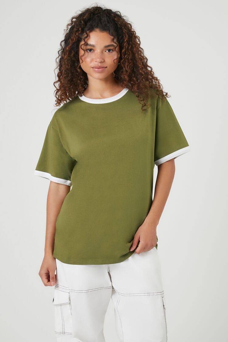 Forever 21 Women's Oversized Ringer T-Shirt Olive/White