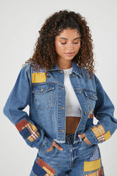 Forever 21 Women's Plaid Patch Denim Trucker Jacket Medium Denim