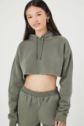 Forever 21 Women's Fleece Cropped Hoodie Sweatshirt Dark Olive