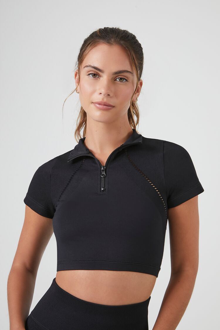 Forever 21 Women's Active Seamless Half-Zip Crop Top Black