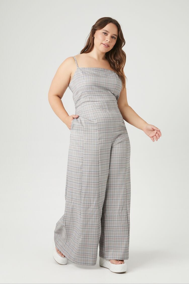 Forever 21 Plus Women's Plaid Wide-Leg Jumpsuit Grey/Multi