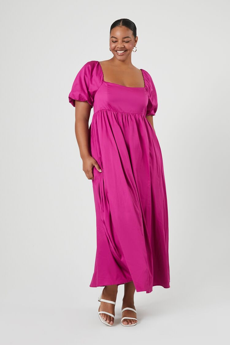 Forever 21 Plus Women's Puff-Sleeve Maxi Long Spring/Summer Dress Fuchsia Purple