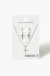 Forever 21 Women's Cross Necklace & Drop Earring Set Silver