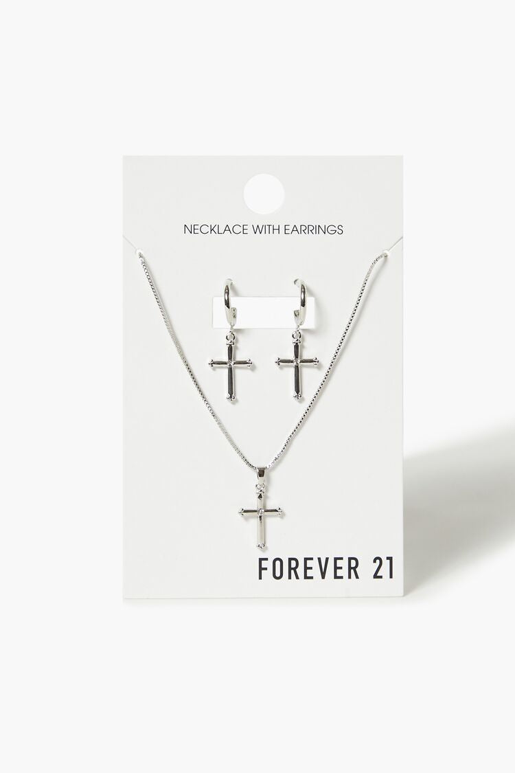 Forever 21 Women's Cross Necklace & Drop Earring Set Silver