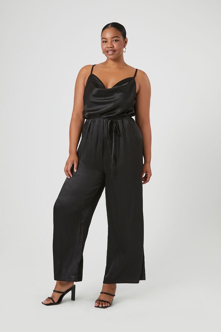 Forever 21 Plus Women's Satin Wide-Leg Jumpsuit Black