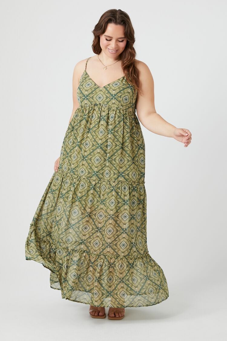 Forever 21 Plus Women's Geo Print Maxi Long Spring/Summer Dress Green/Multi