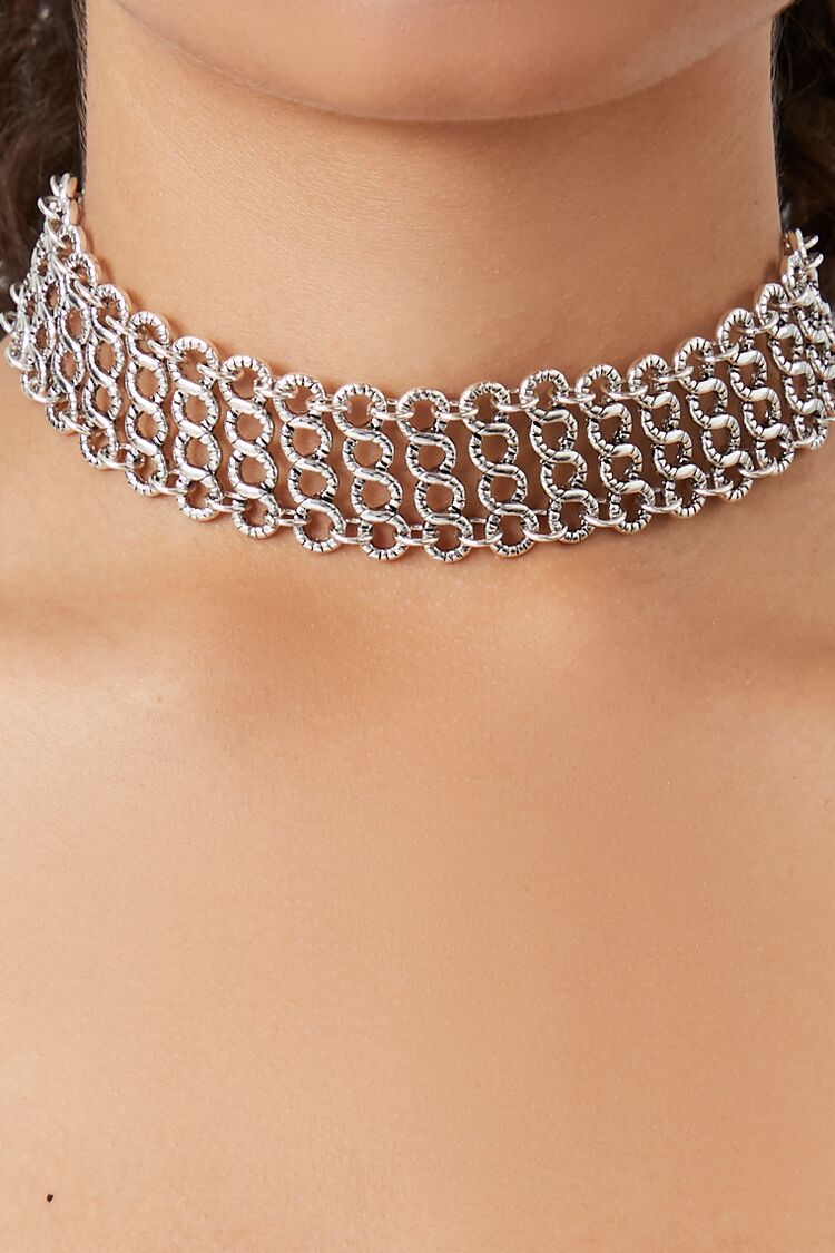 Forever 21 Women's Tiered Twisted Chain Choker Necklace Silver