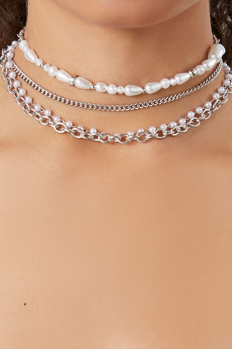 Forever 21 Women's Layered Faux Pearl Curb Necklace Silver/White