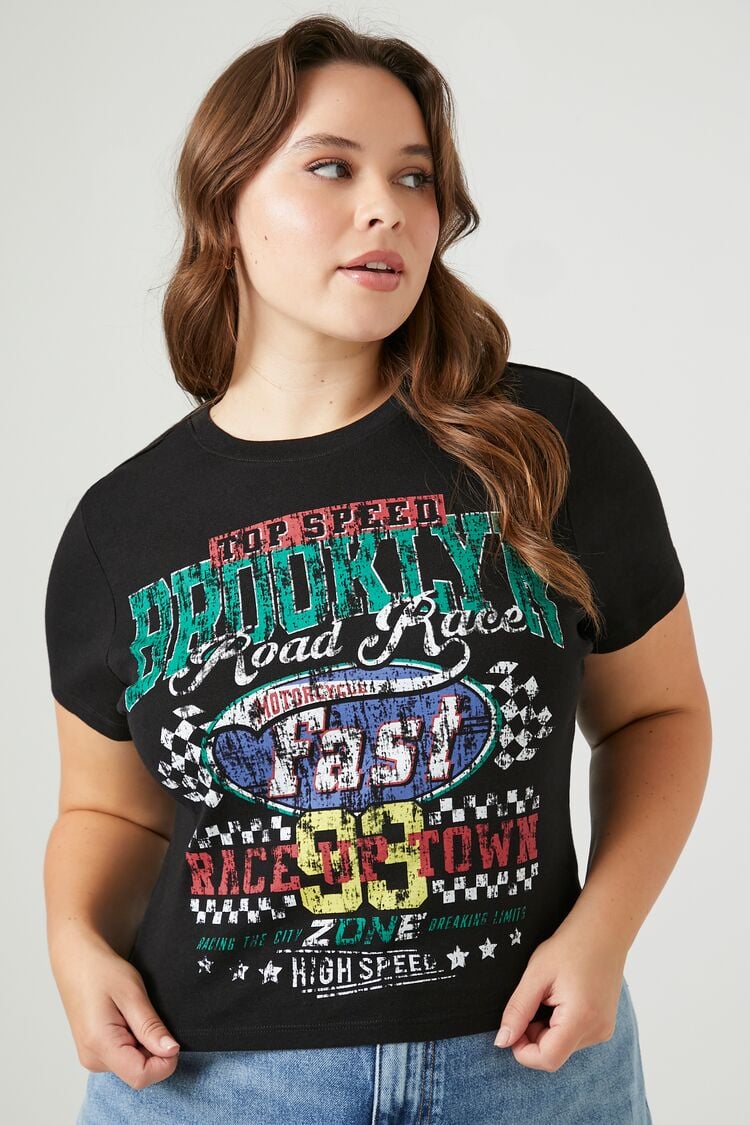 Forever 21 Plus Women's Brooklyn Graphic Baby T-Shirt Black/Multi